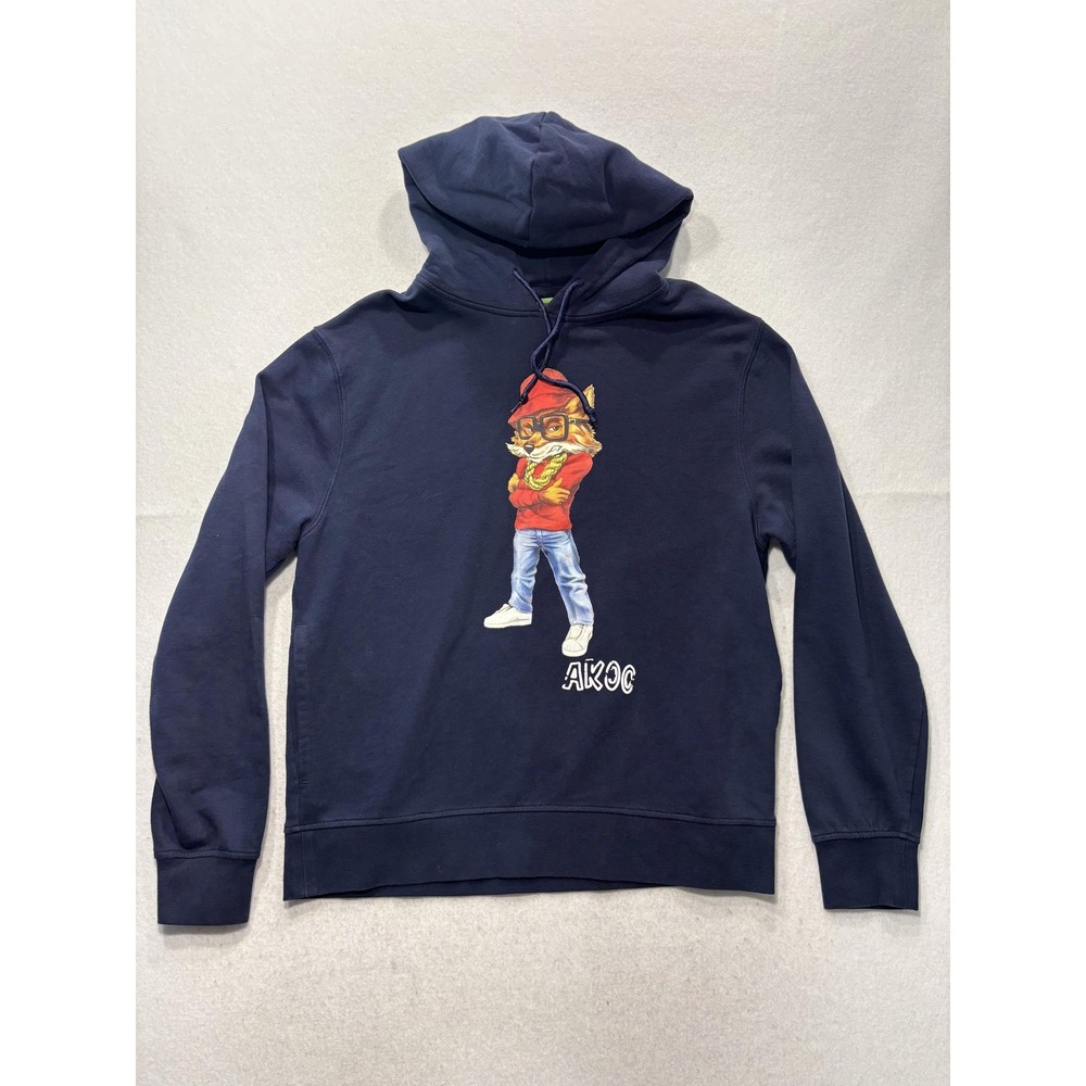 AKOO Hoodie Mens Large Blue Fleece Pullover Fox Graphic Hip Hop Slogan Back